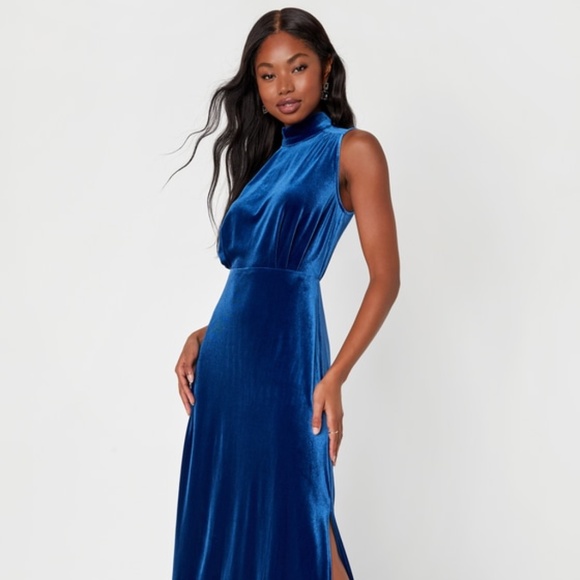 Lulus Classic Elegance Blue Velvet Sleeveless Mock Neck Maxi Dress - Size XS - Picture 1 of 4